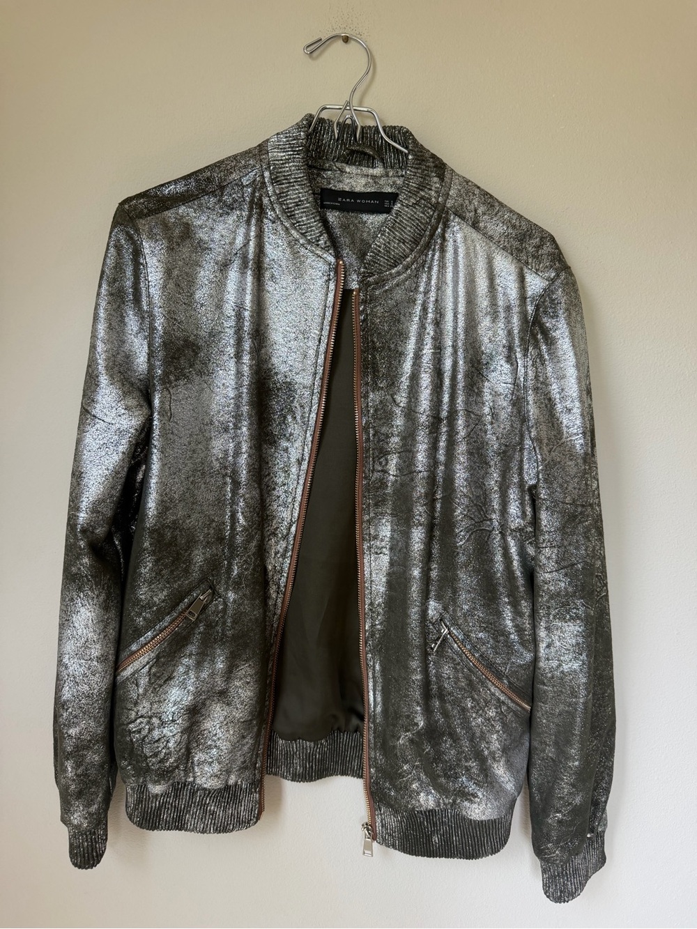 Zara Woman rare Shimmering Silver Metallic olive Green zip bomber Jacket s